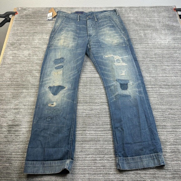NEW Ralph Lauren Polo Patchwork Jeans Mens 33x32 Blue Denim Pants Casual Cotton